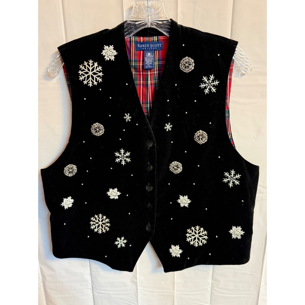 Karen Scott Petites Black Velvet Snowflake Embellished Holiday plaid‎ Vest PL